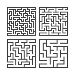 Set of black square mazes. Game for kids. Puzzle for children. One entrances, one exit. Labyrinth conundrum. Flat vector illustration isolated on white background.