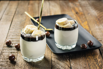 Dessert with chocolate and banana.