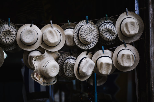 Hat hanging on string outdoors