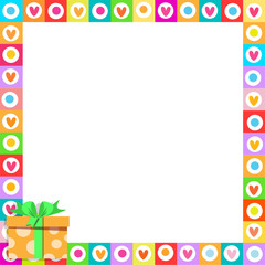   cute vibrant hearts phot frame with colorful orange present in corner.