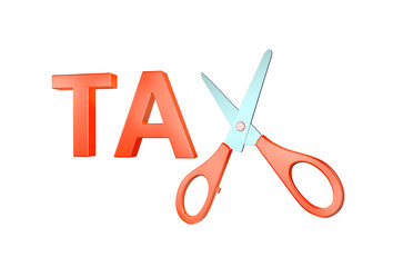 3d illustration of TAX cut concept with TA letter and X made by scissors on isolated white background
