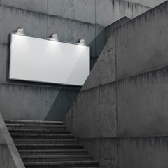 Рекламный щит размещен на бетонном здании, ступеньки ведут к пустому рекламному щиту. 3d иллюстрация