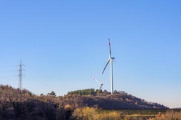 Wind energy. Wind turbines for the production of clean energy and conservation of the environment. Trentino, Italy