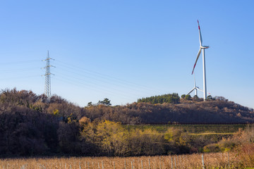 Green energy. Wind turbines for the production of renewable energy. Trentino, Italy
