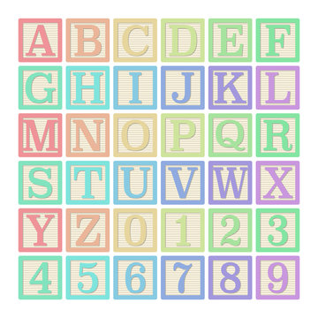 Pastel Alphabet Blocks - Complete set of 26 letter blocks (A through Z) and 10 number blocks (0 through 9)