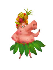 Obraz premium Cute piggy in a costume of palm leaves and fruit on his head. Pig is a symbol of the Chinese 2019 New Year. Cute cartoon piggy.