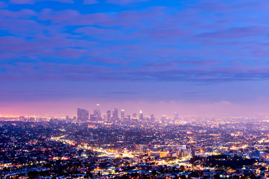 Downtown Los Angeles California from Griffith Observatory at dusk.