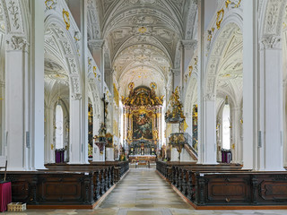 Interior of Hofkirche (Court Church) in Neuburg an der Donau, Germany. The present church was built in 1607-1608 by design of the Swiss painter, draftsman and architect Joseph Heintz the Elder.
