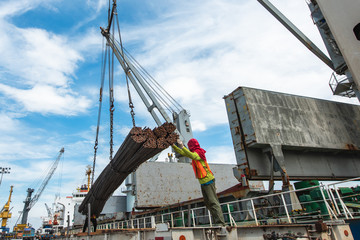 in port harbor working loading and discharging cargo handling by gang of stevedore labor