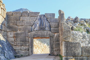 The Lion Gate - the main entrance of the Bronze Age citadel of Mycenae in southern Greece with...