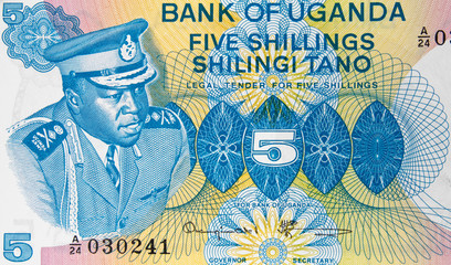Idi Amin Dada on Ugandan 5 shilling banknote, Uganda money currency close up