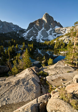 Mt. Thompson reflected in Baboon Lakes in the high sierra along the Blue Lake trail from Lake Sabrina CA.