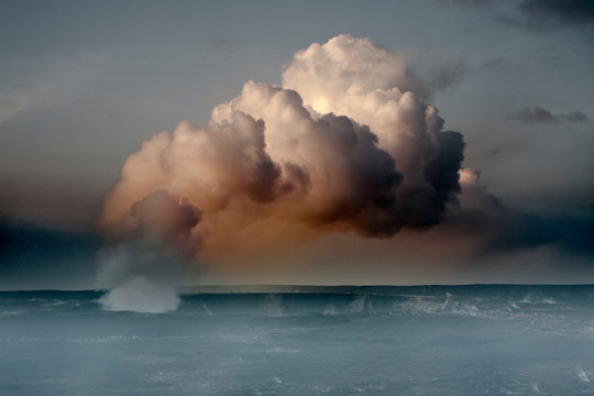 VOLCANOES NATIONAL PARK, HAWAII: A giant sulfur dioxide gas plume from Kilauea volcano.