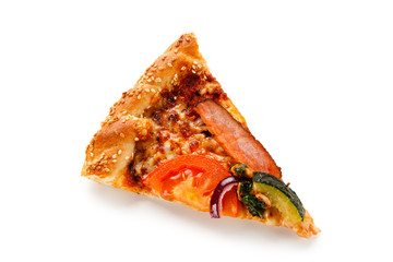 Piece of pizza with beacon and vegetables