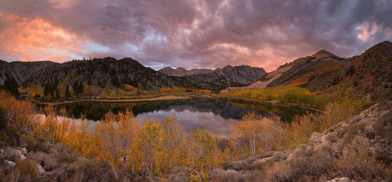 North Lake sunset during the peak fall color.  A three shot panoramic.