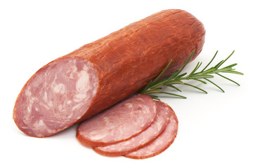 Smoked Ham Sausage with slices, close-up, isolated on a white background