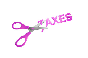 3d illustration of TAXES reduction concept with scissors cutting T letter on isolated white background