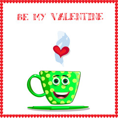 Be my valentine greeting card with cute cartoon mug