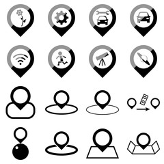 Location, navigation and map related grayscale icon set. Concept of travel, journey, tourism and wide variety of poi landmarks of target destinations.
