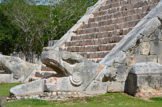 Close-of the Serpent head on Mayan pyramid at Chichen Itza, Mexico
