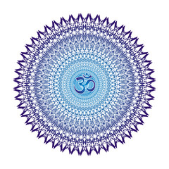 Obraz premium Openwork circular mandala of blue colors circles with Aum/ Om / Ohm in center. Vector circular pattern, background.