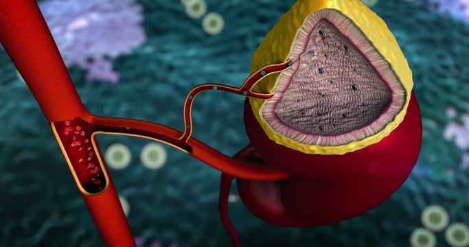 Internal structure of adrenal gland, erythrocyte in the blood vessels, adrenal gland, adrenaline into the blood stream 
