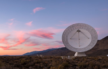 The Owens Valley Radio Observatory run by Caltech near Big Pine California at sunset.