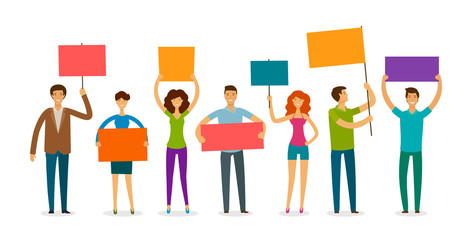 Crowd of people with banner and poster walking on manifestation. Demonstration, rights, parade vector illustration