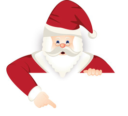 Père Noël pointant une pancarte du doigt