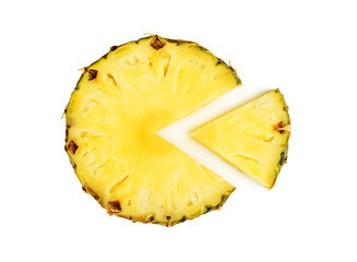 Pineapple slice cut out of a circle. A part of the whole. Isolated on white background
