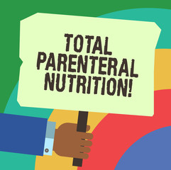 Handwriting text writing Total Parenteral Nutrition. Concept meaning infusing a specific form of food through a vein Hu analysis Hand Holding Blank Colored Placard with Stick photo Text Space