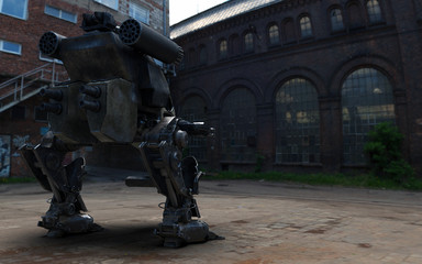 3D Illustration Of A Futuristic Rusted Armored Robotic Weaponized Mech War Vehicle