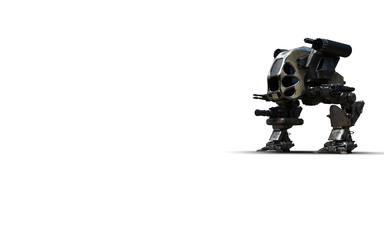 3D Illustration Of A Futuristic Rusted Armored Robotic Weaponized Mech War Vehicle Isolated On A White Background