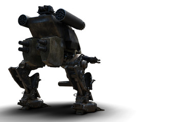 3D Illustration Of A Futuristic Rusted Armored Robotic Weaponized Mech War Vehicle Isolated On A White Background