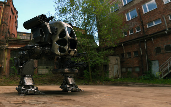 3D Illustration Of A Futuristic Rusted Armored Robotic Weaponized Mech War Vehicle