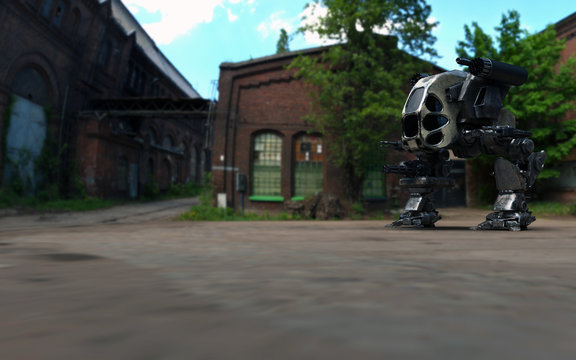 3D Illustration Of A Futuristic Rusted Armored Robotic Weaponized Mech War Vehicle