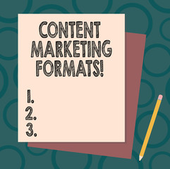 Handwriting text writing Content Marketing Formats. Concept meaning the way in which brand is arranged or set out Stack of Blank Different Pastel Color Construction Bond Paper and Pencil
