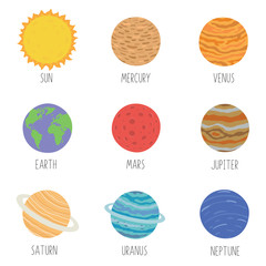 Vector illustration of the solar system planets,signed with the names of the planets © Nadzin