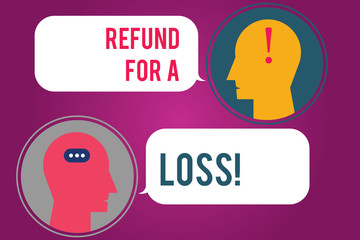 Text sign showing Refund For A Loss. Conceptual photo Giving money back in case of unfortunate events Insurance Messenger Room with Chat Heads Speech Bubbles Punctuations Mark icon