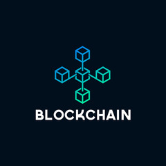 Blockchain line icon logo concept on dark background. Cryptocurrency data sign design. Abstract geometric block chain technology business sign. Vector illustration