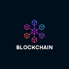 Blockchain line icon logo concept on dark background. Cryptocurrency data sign design. Abstract geometric block chain technology business sign. Vector illustration