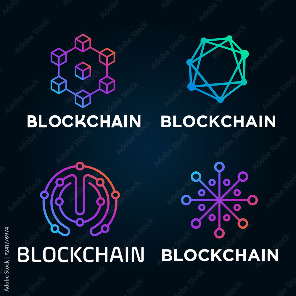 Poster Blockchain line icon logo concept on dark background. Cryptocurrency data sign design. Abstract geometric block chain technology business sign. Vector illustration