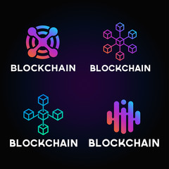 Blockchain line icon logo concept on dark background. Cryptocurrency data sign design. Abstract geometric block chain technology business sign. Vector illustration
