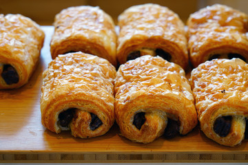 Freshly baked French pains au chocolat chocolate croissants