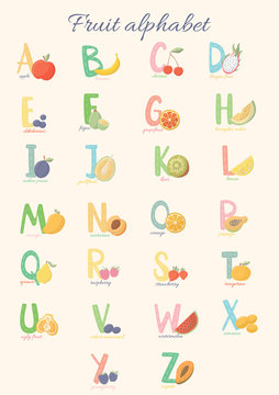 Fruit alphabet from A to Z. Fruit alphabet. Colorful alphabet for children. 