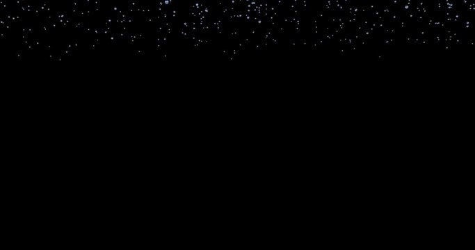 Falling raindrops footage animation in slow motion on dark black background with alpha channel - static camera side view