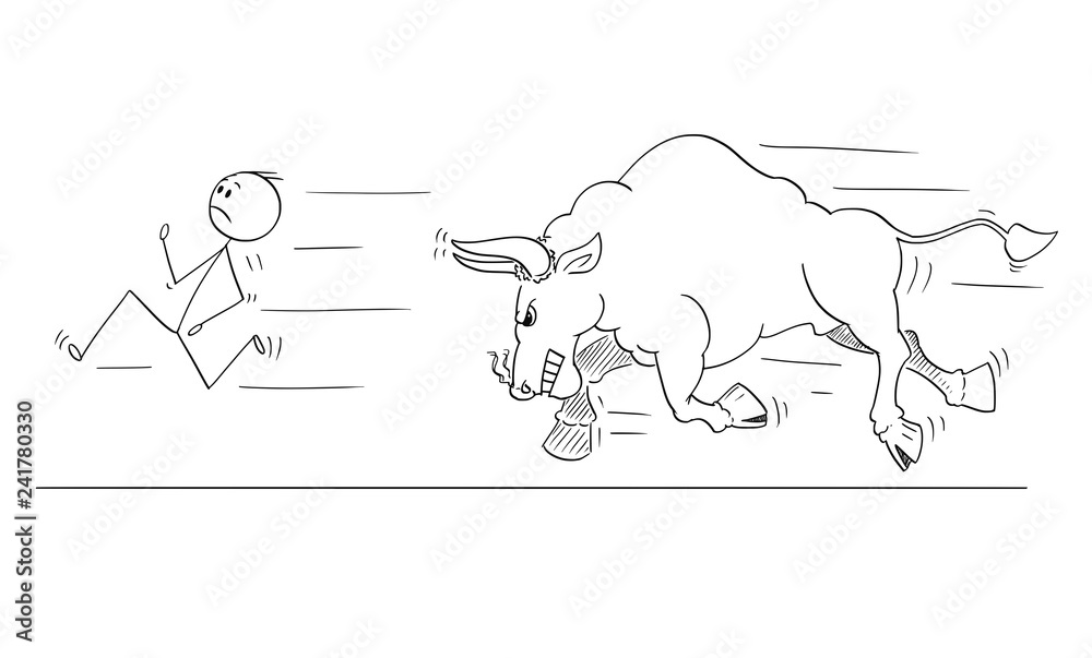 Sticker Cartoon stick drawing conceptual illustration of man or businessman running away from angry bull, possibly rising market prices symbol.