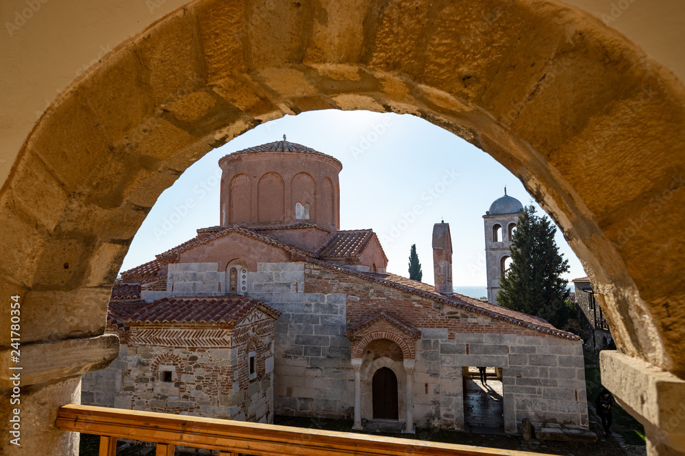 Wall mural apollonia archaeological park, fier prefecture, albania - december 28 2018: ortodox church of saint 