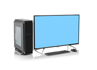 Fototapeta premium Desktop computer and keyboard and mouse on white background. Blue background on the screen monitor.