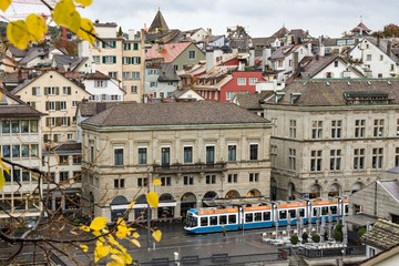ZURICH, SWITZERLAND - OCT 130th, 2018: Classic beautiful and colorful swiss cityscape or landscape at rainy autumn day - 241781134